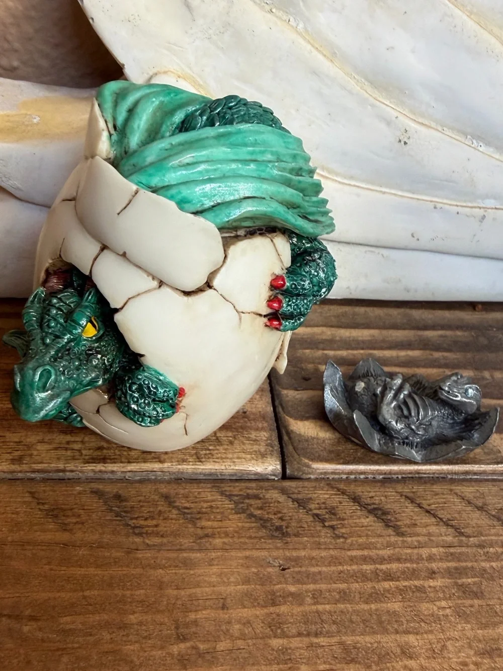 Vintage 90’s Green Baby Dragon Hatchling and Radcliffe Pewter Jewel Eyed Dragon
